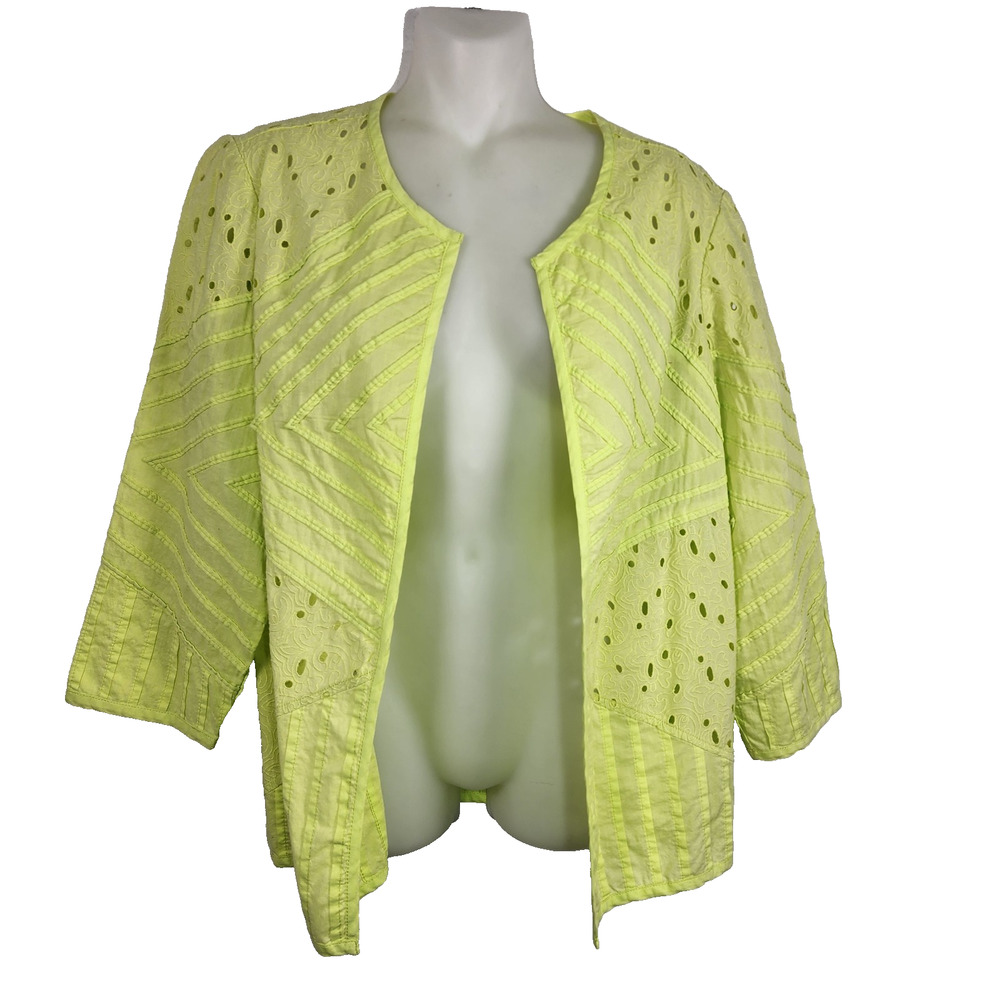 Chico’s Womens Embroidered Pleats Keena Eyelet Open Front Jacket 3/4 Sleeve M